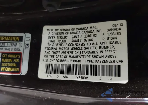 2013 Honda Civic Ex из США, поврежденный, VIN 2HGFG3B85DH530140